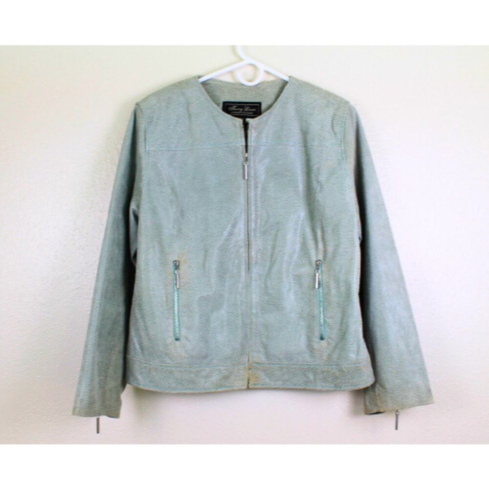 Terry Lewis Suede Jacket Womens Sz Medium Light Green Snake Print Cropped Moto